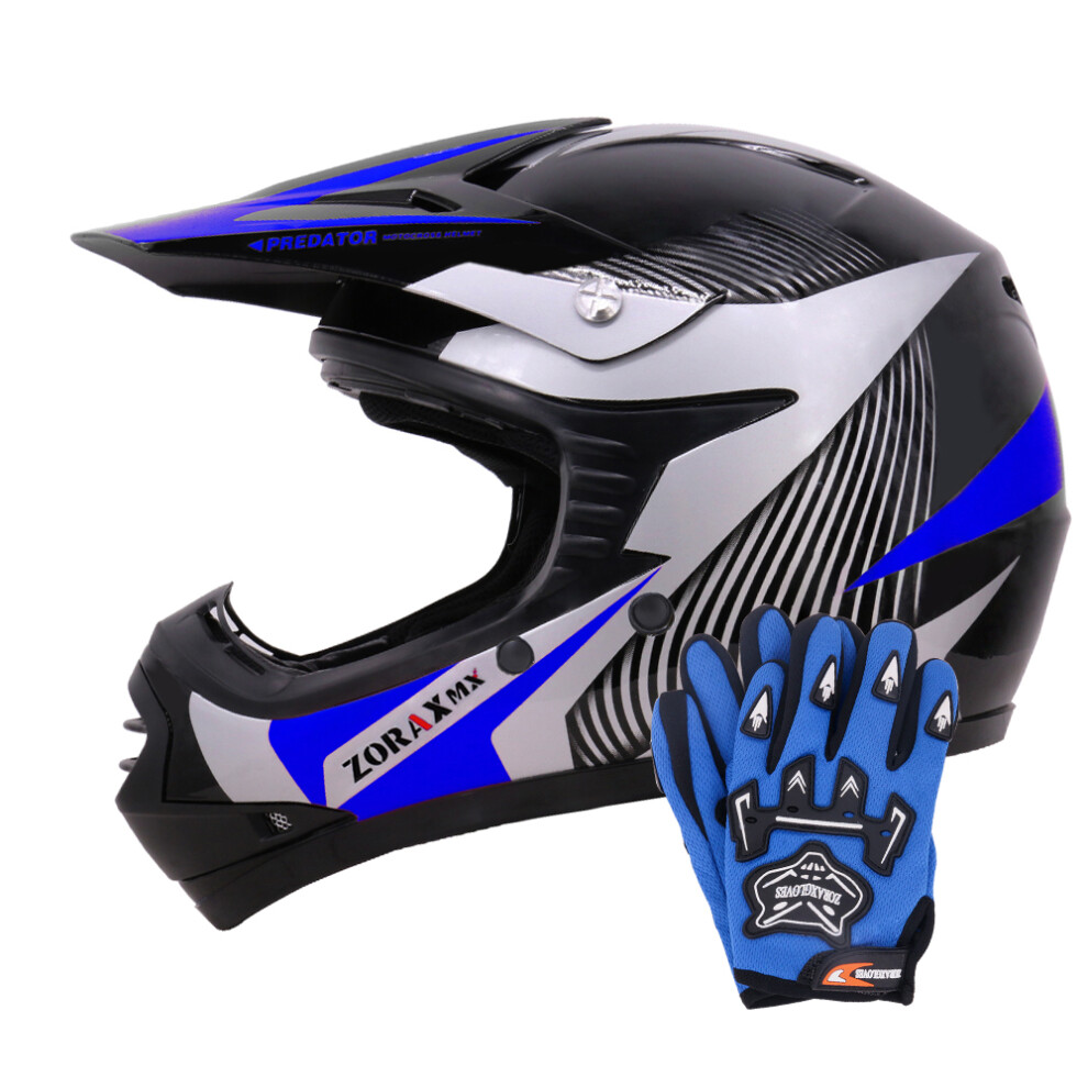 (Blue, XL) Zorax ZOR-X19 PREDATOR Kids Motocross Motorbike MX Helmet ECE 2206 & Gloves-image-OPC-PF2ND5H-NEW