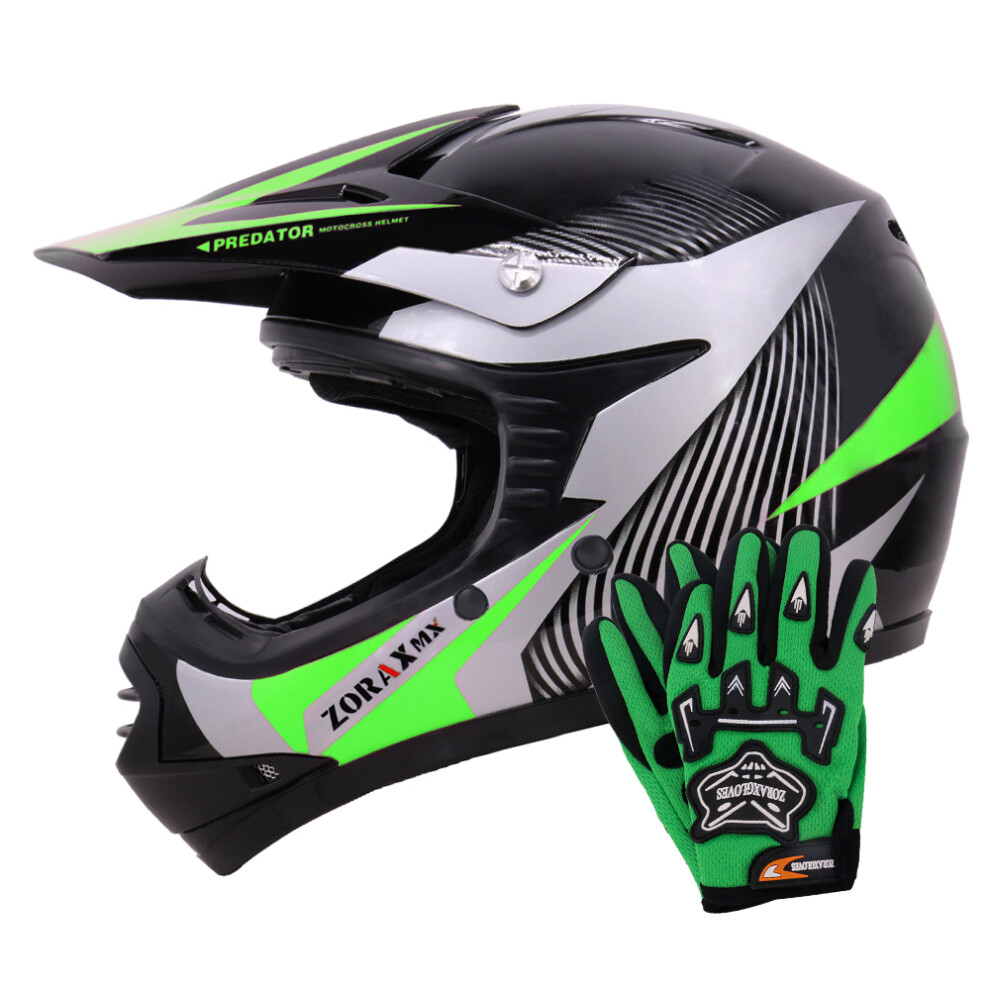 (Green, XL) Zorax ZOR-X19 PREDATOR Kids Motocross Motorbike MX Helmet ECE 2206 & Gloves-image-OPC-PF2ND5P-NEW
