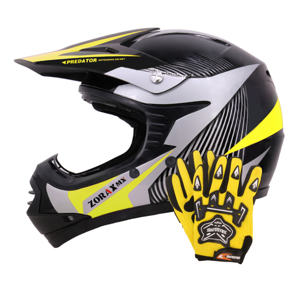 (Yellow, XL) Zorax ZOR-X19 PREDATOR Kids Motocross Motorbike MX Helmet ECE 2206 & Gloves-image-OPC-PF2ND6W-NEW