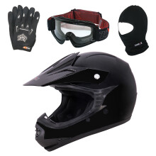 (Gloss Black, M) Zorax X15 Junior Child Kids Motorbike Motocross MX Helmet + Goggles + Gloves + Balaclava