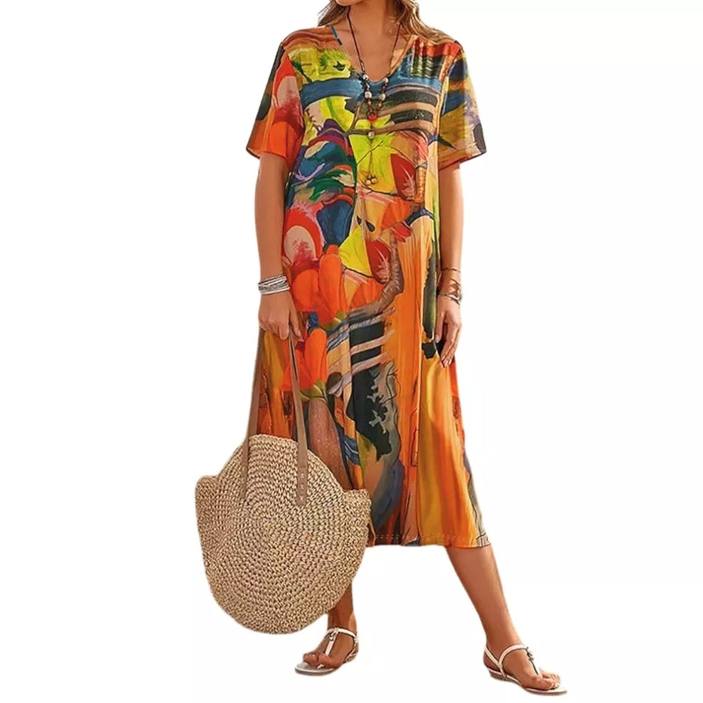 (Orange, XL = 12) Women V-Neck Floral Midi Dress Ladies Summer Short Sleeve Holiday Beach Sundress-image-OPC-PF2NDYN-NEW