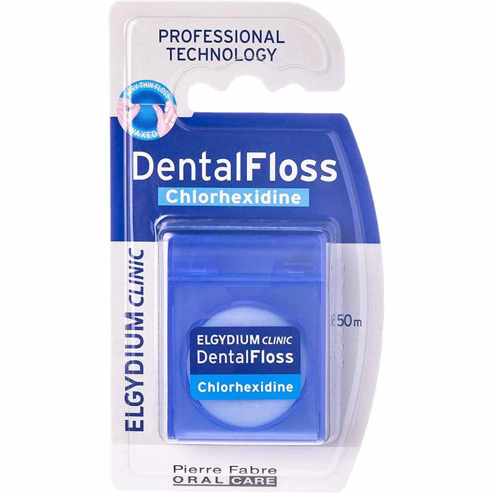 Elgydium Clinic Chlorhexidine Dental Floss, Waxed 50m, Efficiently Eliminates Food Particles & Plaque, Protection Against Gingivitis