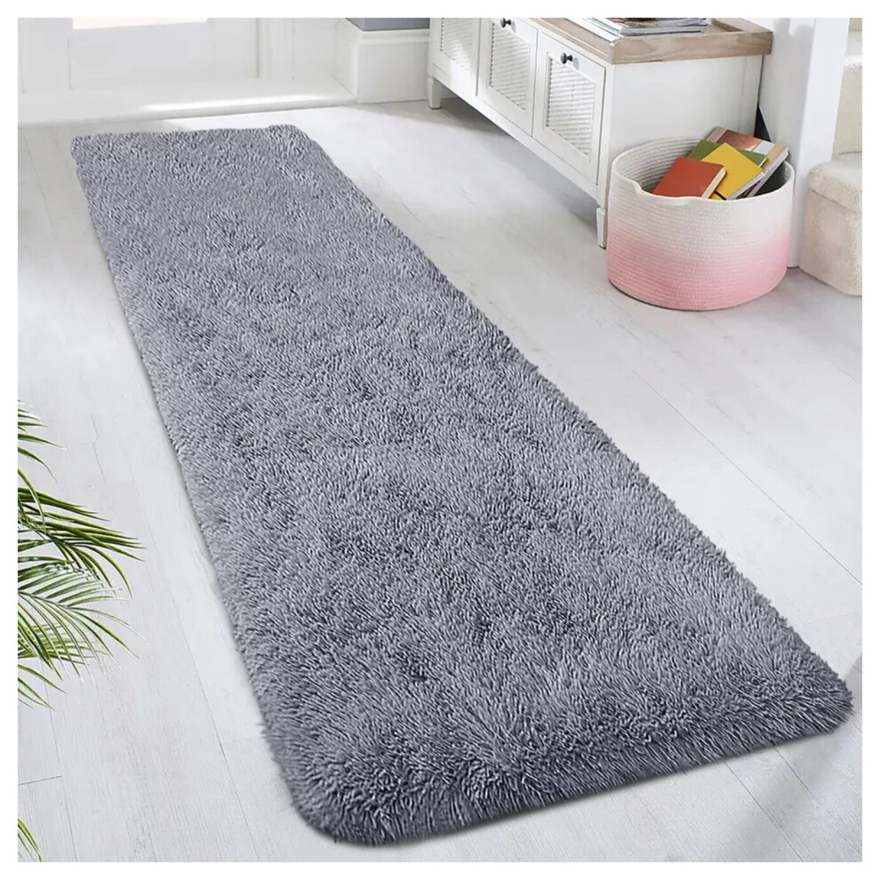 (60 cm x 220 cm (2ft x 7ft 7")-Runner Rugs) Grey Rugs Fluffy Shaggy Living Room Rug Carpet Mat