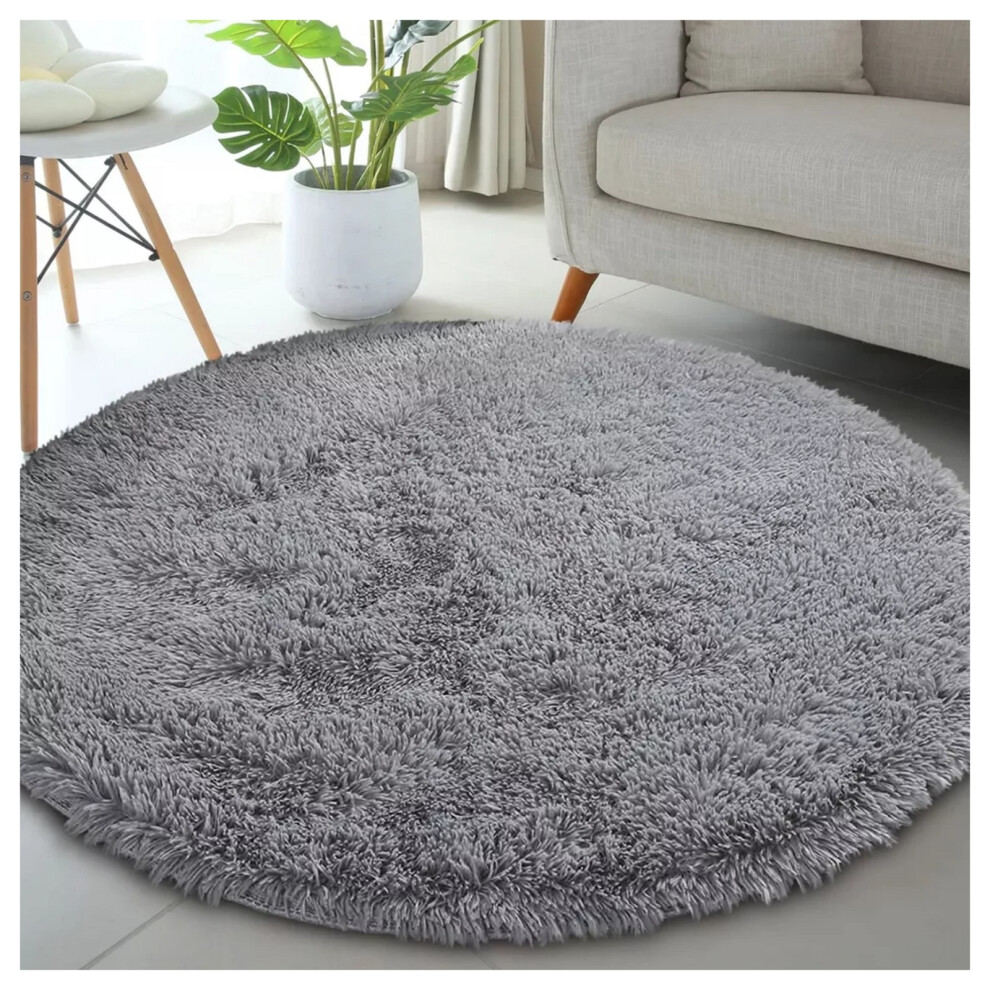 (120 cm x 120 cm (4ft x 4ft)-Circle Round Rugs) Grey Rugs Fluffy Shaggy Living Room Rug Carpet Mat