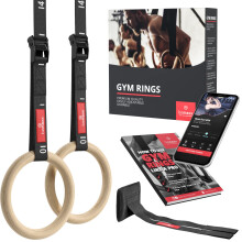 Gymnastic Rings Set Wood + Door Anchor Attachment, Exercise eBook & Adjustable Safety Straps + Length Markings | Wooden Olympic Gym Gymnastics