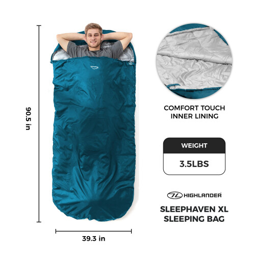 Highlander HIGHLANDER Extra Wide Rectangular Sleeping Bag For Adults - 1.6kg Lightweight Warm Snuggle Sleeping Bag 2