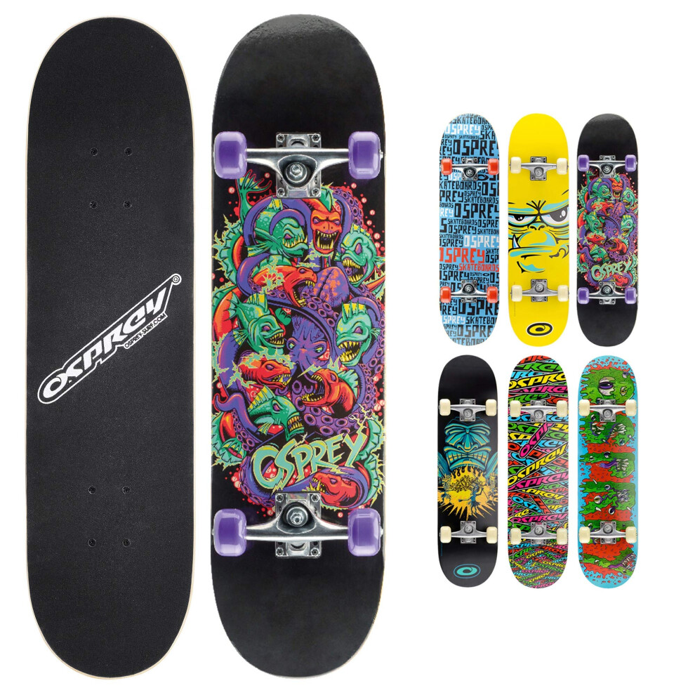 Osprey | Complete Skateboard 31 x 8-inch, Double Kick 9 Ply Chinese Maple Deck for Kids, Teens Adult and Beginners, Piranha, Multiple Designs