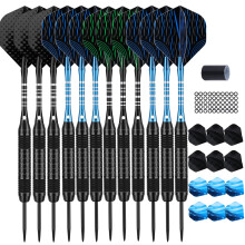 DARTSPACE 12 Pack Steel Tip Darts Set 24 Grams, Metal Tip Darts with Premium Black Blue Darts Stem 24 Flights, Extra 50 Rubber O-Rings 1 Dart