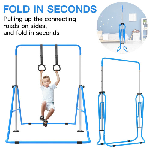 EVERYMILE Junior Gymnastics Kip Bar Set Adjustable Folding Horizontal Bar with Rings, Safe Triangular Base, 4 Height Options 2