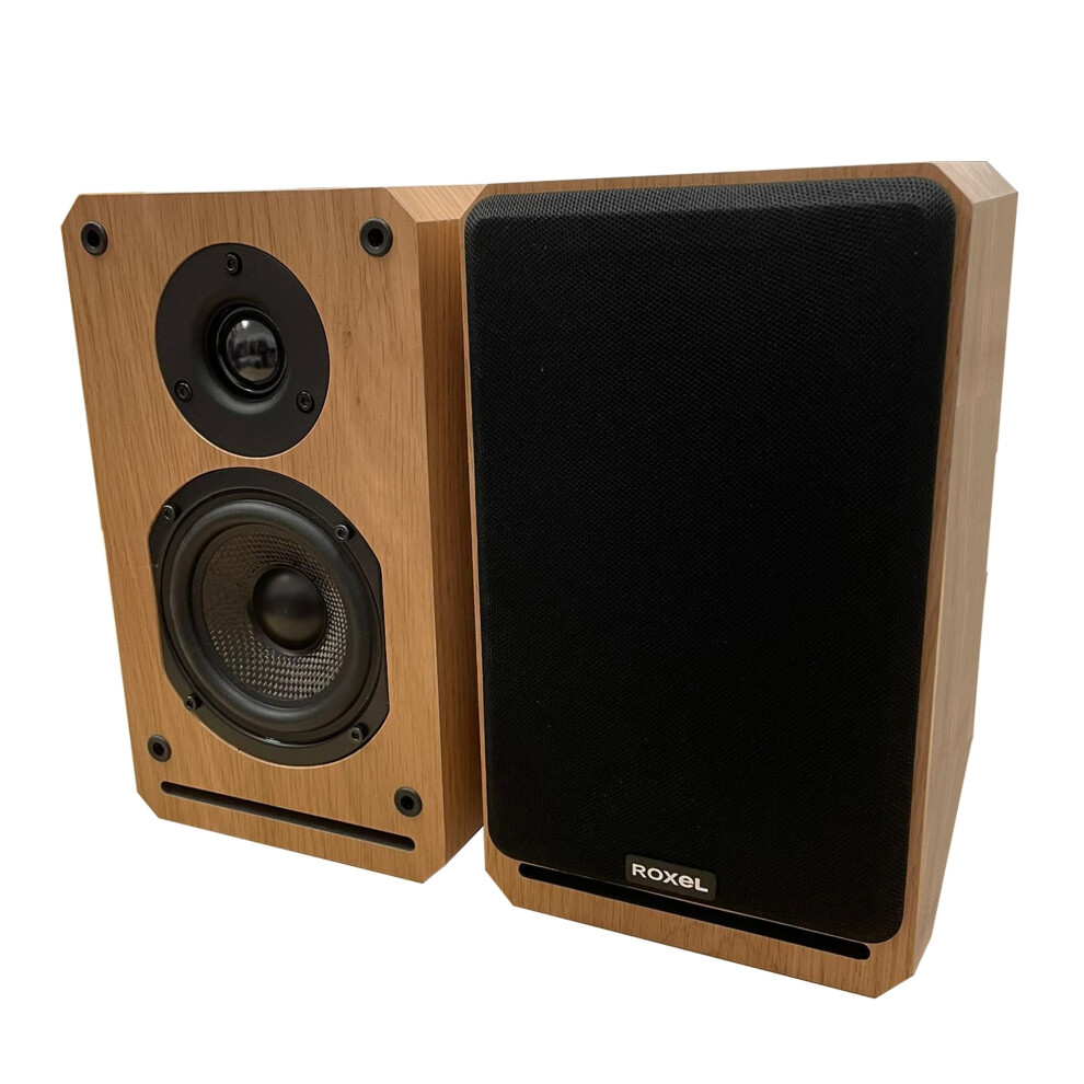 Roxel RBS 300 Bookshelf Speaker, Wood Effect Cabinet with 4 inch Enhanced Carbon Fibre Woofer, 1Inch Silk Dome Tweeter, Detailed and Refined Sound,