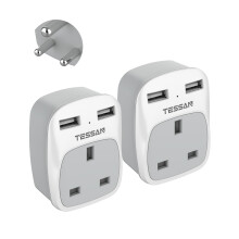 UK to India Plug Adapter 2 Pack, TESSAN Grounded UK to India Travel Adapter with 2 USB Ports, Plug Socket Adaptor UK to Sri Lanka, Pakistan, Burma,