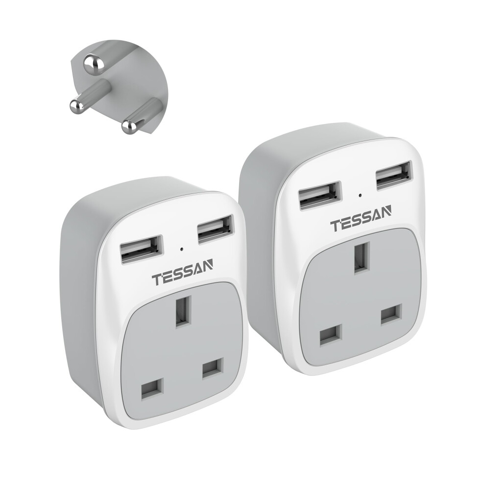 Uk To India Plug Adapter 2 Pack, Tessan Grounded Uk To India Travel Adapter With 2 Usb Ports, Plug Socket Adaptor Uk To Sri Lanka, Pakistan, Burma, 5051216754961