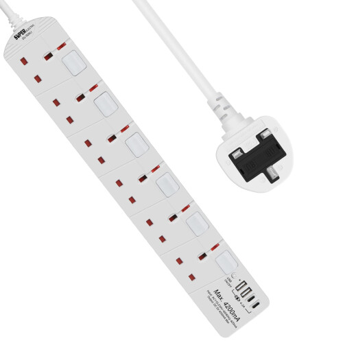 LENCENT 5M Extension Lead  3250W 13A , 4 Way Outlets Power Strip 1 USB C And 3 Usb Slots Multi Power Plug Extension I.126671264