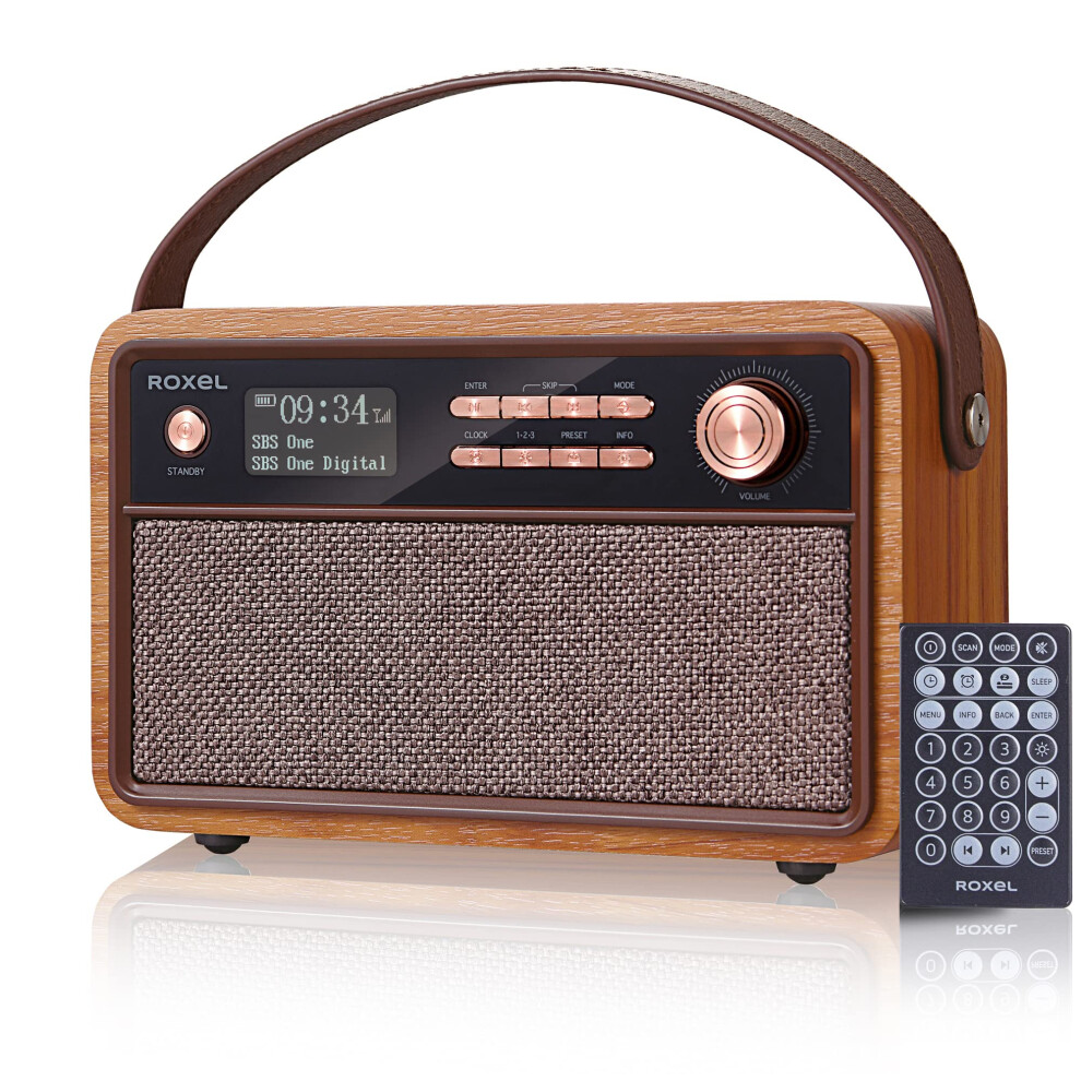 Roxel Retro D1 Vintage DAB+/FM Radio Wireless Speaker | Bedside Alarm Clock with Sleep Function. Rustic Exterior, Mains and USB Rechargeable, TF card,