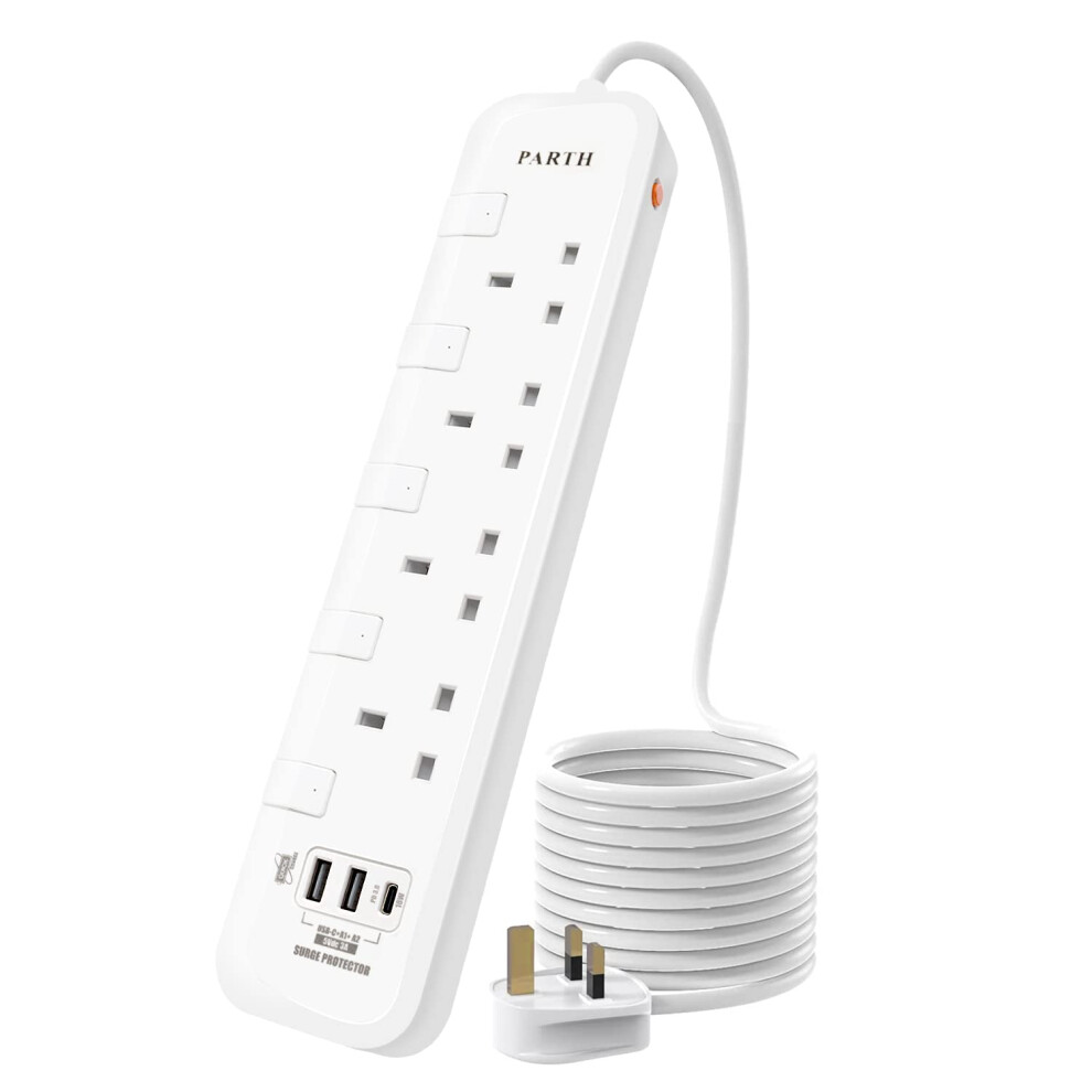 PARTH 5M Surge Protected Extension Lead with USB Slots - 5 metres Extra Long Cord Extension Plug - 1 Fast Charge USB C, 2 USB-A Port Extension Socket
