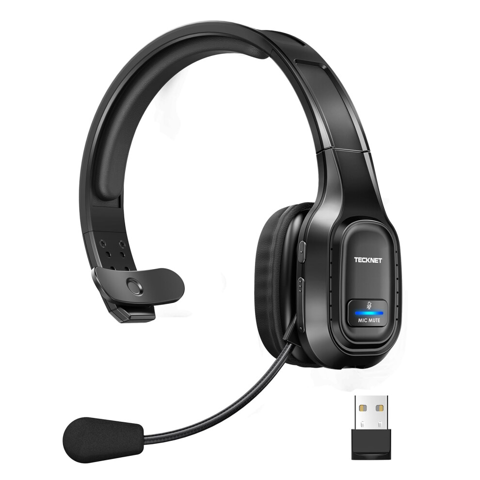 TECKNET Wireless Headset, Bluetooth Headset With Microphone Noise Canceling & USB Dongle, On Ear Headphones with 55H Long Working Time, USB Headset