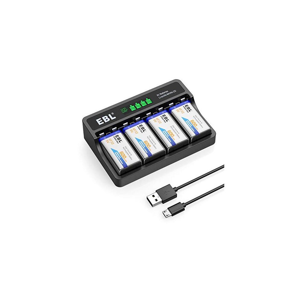 EBL 9 Volt 600mAh Rechargeable Batteries Li-ion Batteries with Smart LCD 9V Battery Charger for 9V Lithium-ion/Ni-MH/Ni-CD Rechargeable Batteries