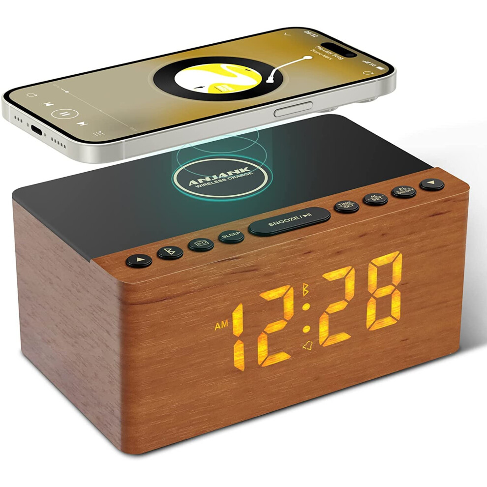 ANJANK Wooden Bluetooth Speaker Alarm Clock with Fm Radio, Wireless Charging Station for iPhone/Samsung, USB Charger Port, Dimmable Display, Sleep