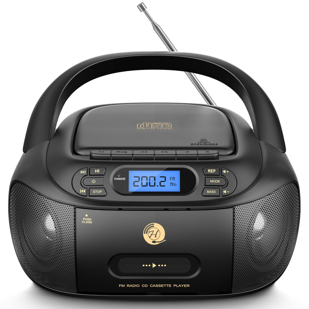 Hernido Portable Boombox with CD Cassette Player Combo, FM Radio, Rechargeable CD/Tape Player, Built-in Stereo Speakers Super Bass, Audio for Home