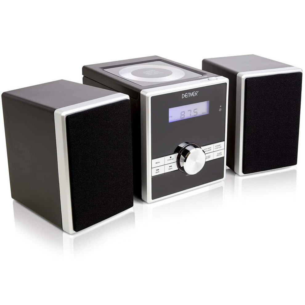 Denver Mini HiFi System CD Player For Home With Speakers - CD Micro System Mains Operated with FM Radio, Clock Radio Alarm, Snooze & Sleep, AUX IN,