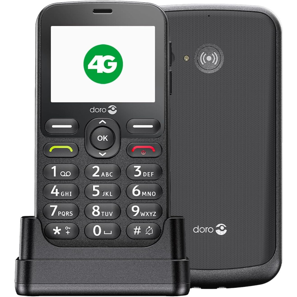 Doro 1880 4G unlocked basic bar mobile phone for seniors with loud and clear sound, large buttons, assistance button and USB C charging with cradle.