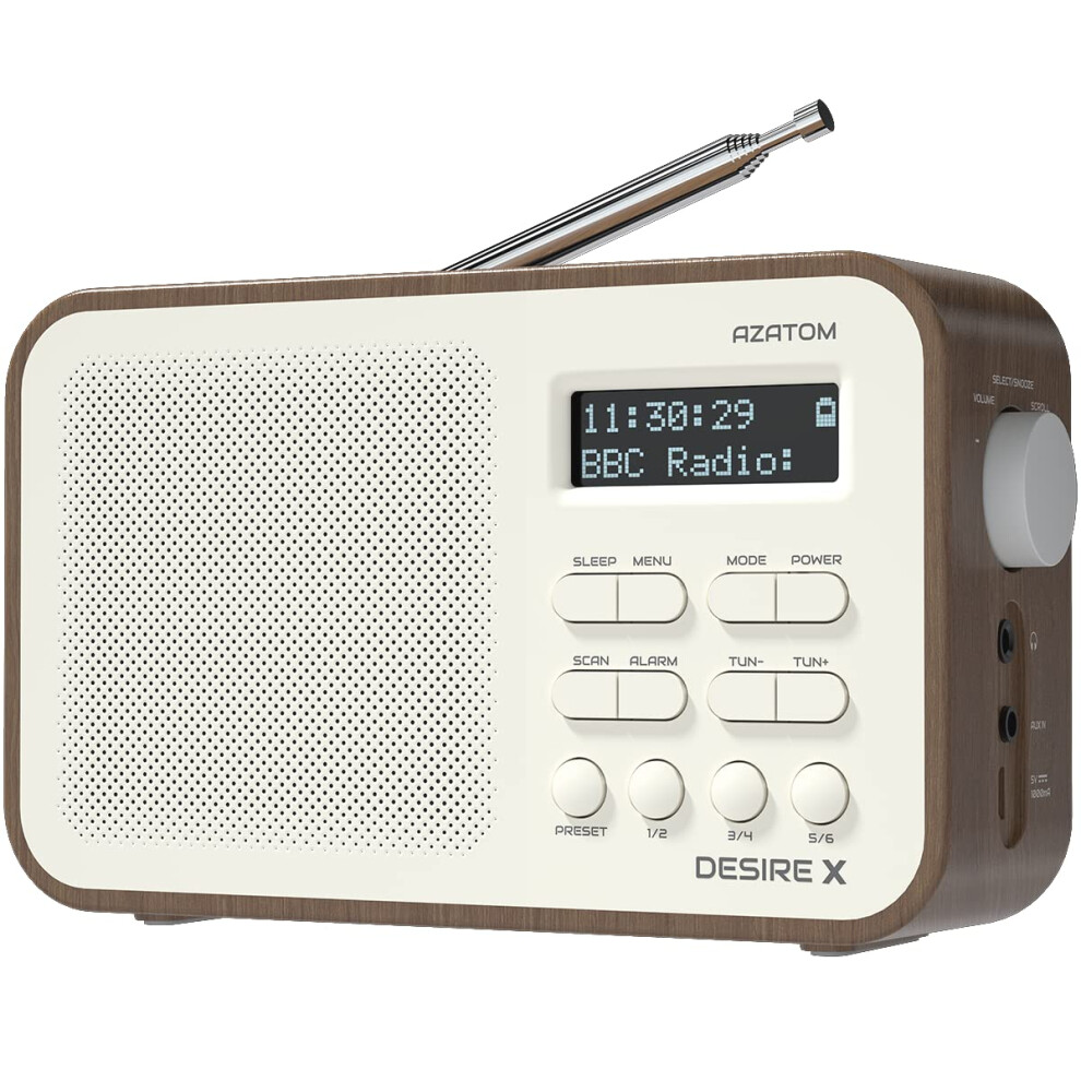 Dab Dab+ Fm Digital Radio, Portable, Dual Alarm, Battery & Mains, Aux, Headphone, 60 Presets, Sleep Timer (Azatom Desire X Walnut) 5051216821779