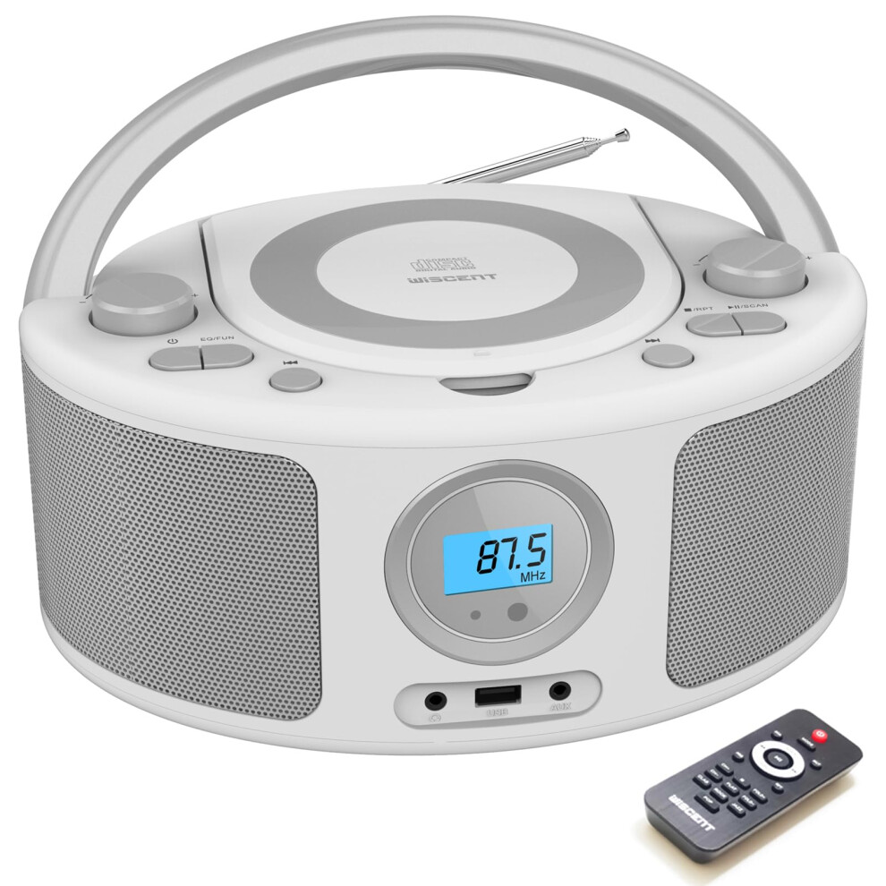 WISCENT CD Radio Portable CD Player Boombox with Bluetooth,FM Radio,CD-MP3/CD-R/CD-RW Compatible,USB Port, 3.5mm AUX Input, Headphone Jack, Mains or