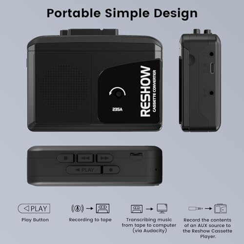Reshow Cassette Player - Portable Walkman With USB C Converter & Recording