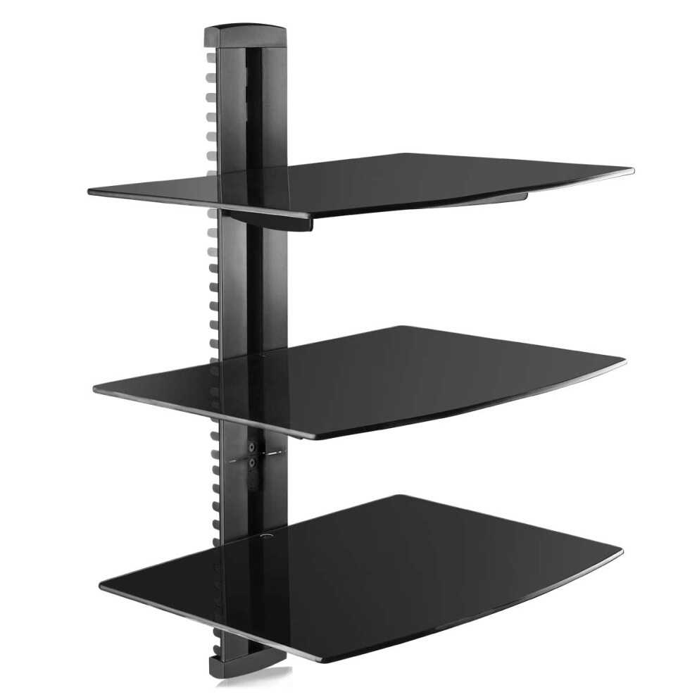 suptek 3 Floating Shelf Wall Bracket with Strengthened Tempered Glass for DVD Players/Cable Boxes/Games Consoles/TV Accessories, 3 Shelves, Black,