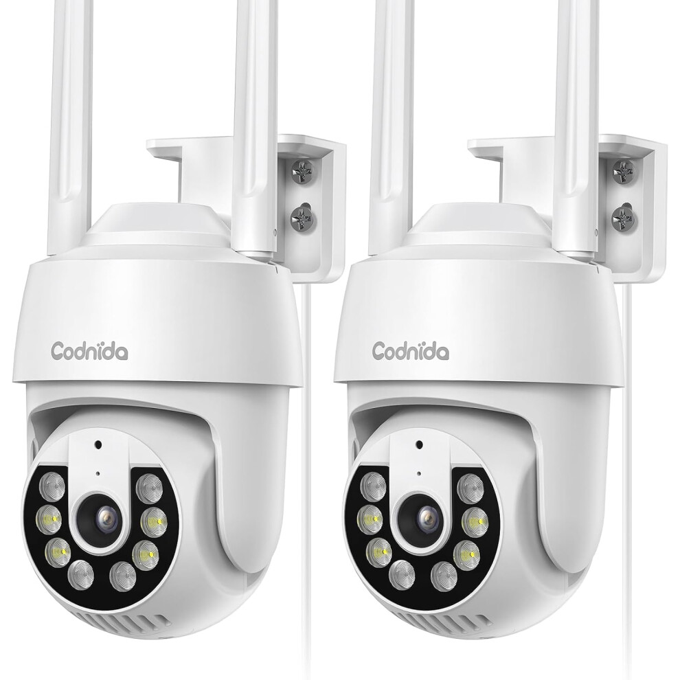 Codnida 3MP Security Camera Outdoor 2 Pack, IP CCTV Camera Systems with 24/7 Recording, Color Night Vision, PIR Human Detection, Sound and Light