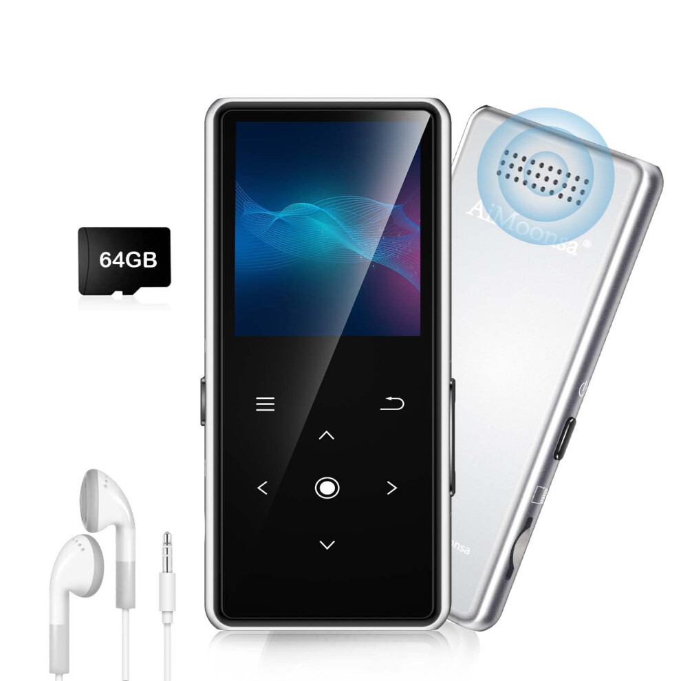 Aimoonsa 64Gb Mp3 Player With Bluetooth 5.2, Music Player With Built-In Hd Speaker, Fm Radio, Voice Recorder, Hifi Sound, E-Book Function, Earphones