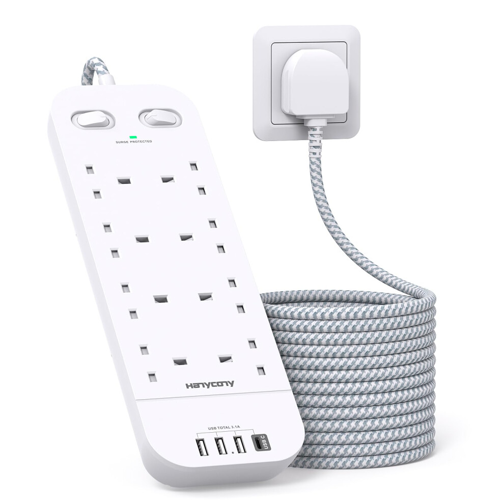 3M Extension Lead With 4 Usb Slots, 8 Way Outlets Power Strip With 1800J Surge Protection, Double Switch Plug Extension With 10Ft Braided Extension 5051216836698