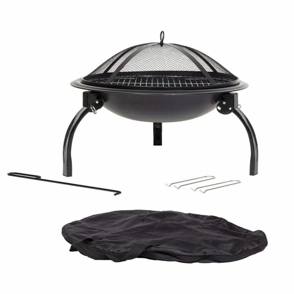 La Hacienda 58106 Camping Firebowl with Grill, Folding Legs and Carry Bag - Black