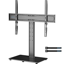 BONTEC Universal Table Top Pedestal TV Stand with Bracket for 32-65 inch LCD/LED/Plasma TVs, Height Adjustable TV stand with Tempered Glass Base &