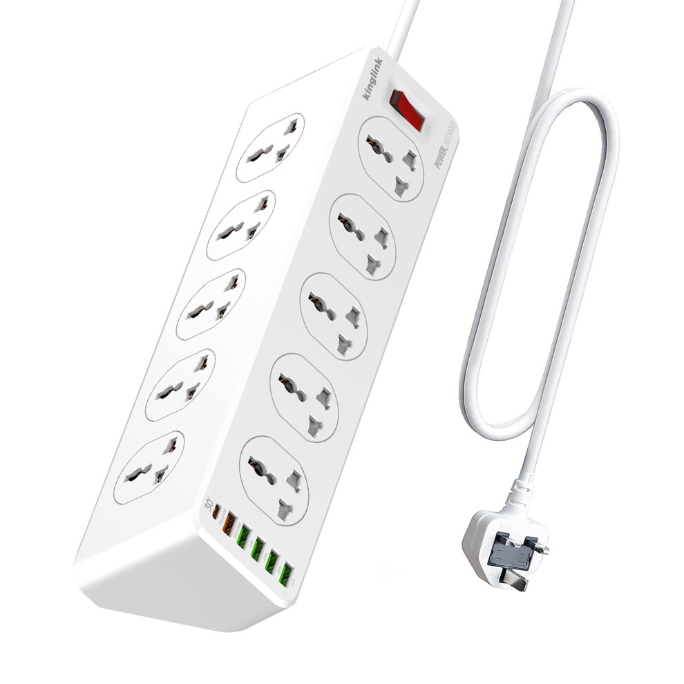 10 Way Extension Lead with USB Slots, 10 Gang Power Strip with 6USB(1 Type C + 5 USBA), Surge Protection Extension Cable, Extension Cord 2 Meter for