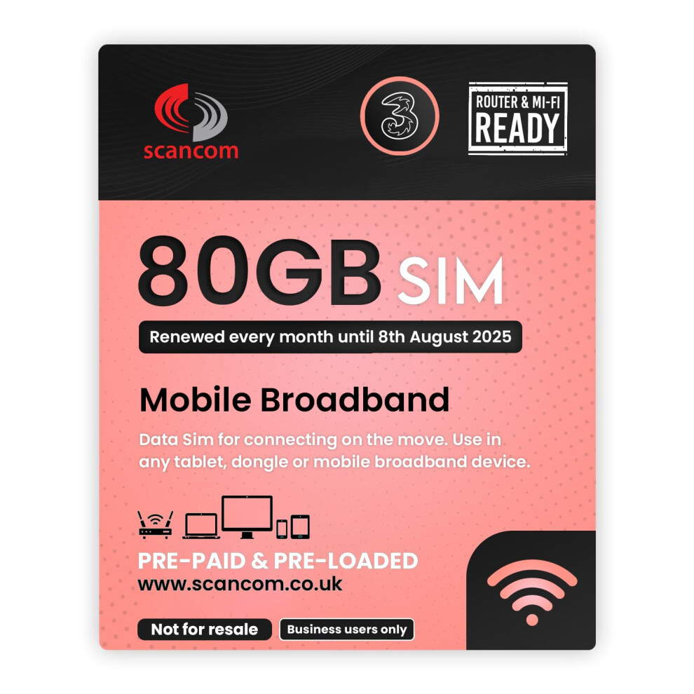 Three 80GB Data SIM - 5G Business-Grade Data Renewed Monthly until 8th July 2025 - Perfect for Wifi Routers, Tablets & Phones (80GB Until 8th August