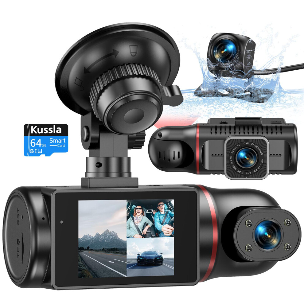 Kussla Dash Cam Front and Rear Inside 3 Channel Dashcam for Cars 1080P with 64GB Card Adjustable Lens 3 Ways Triple Camera with Night Vision,-image-OPC-PF2NKXQ-NEW