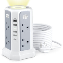Tower Extension Lead with USB Slots and Night Light, 20W USB C Fast Charger, (13A 3250W)5 USB Ports & 8 Way Extension Tower, Surge Protected Extension