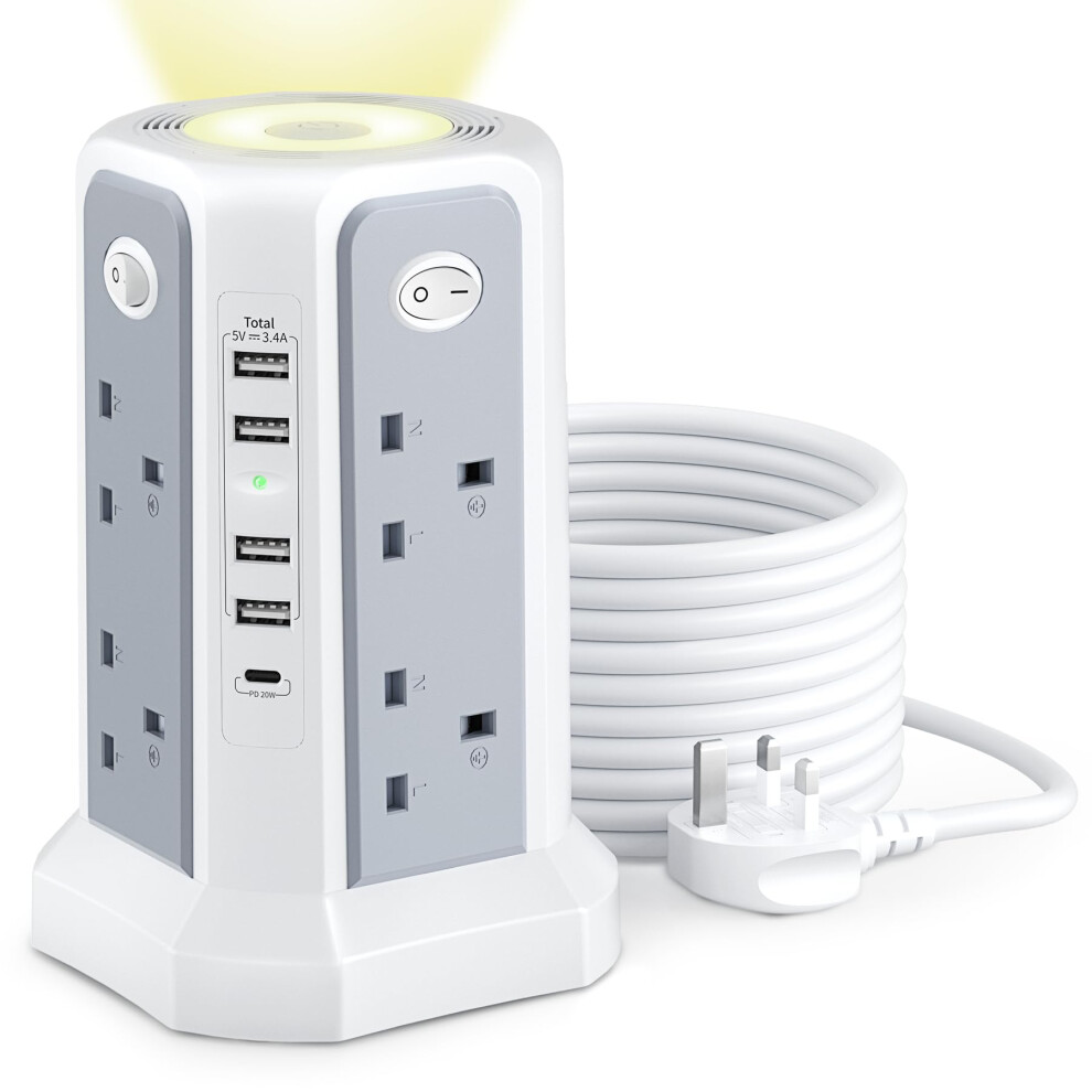 Tower Extension Lead with USB Slots and Night Light, 20W USB C Fast Charger, (13A 3250W)5 USB Ports & 8 Way Extension Tower, Surge Protected Extension