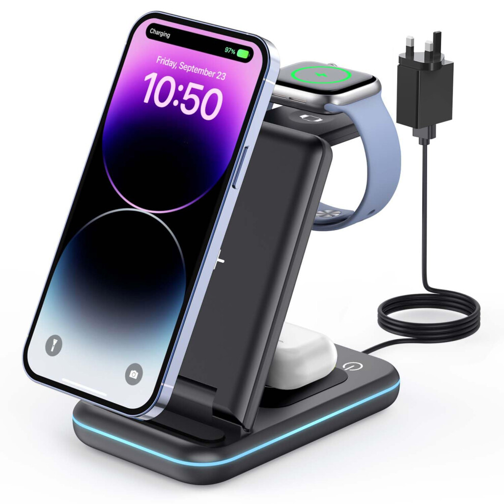 GEEKERA Wireless Charger, 3 in 1 Wireless Charging Station for iPhone 15/14/13/12/11/Pro Max/XS/XR/X/8, Watch Charger Stand for Apple Watch