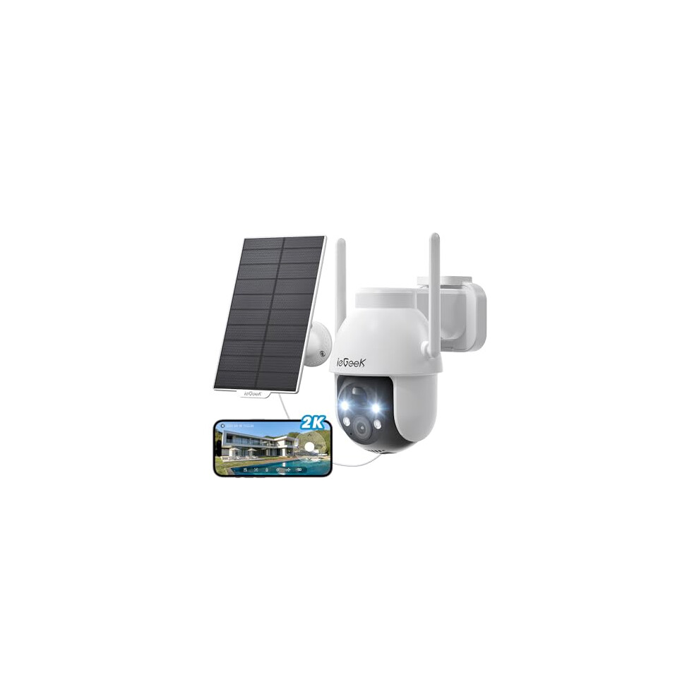 ieGeek 2K Solar Security Camera Outdoor Wireless, 360? Pan Battery Camera with Solar Panel, Wifi CCTV Camera Systems, Color Night Vision, PIR Motion