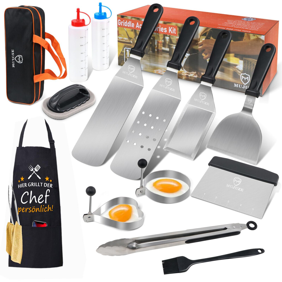 MUJUZE Barbecue griddle Spatula Stainless Steel Set,Flat Top Griddle Accessories in Case,Professional Grill Scraper Spatula Gift for Men/Dad, BBQ