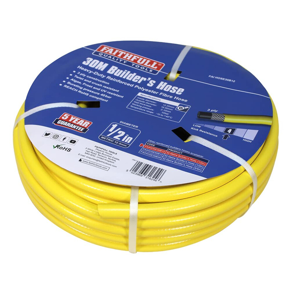 Faithfull FAIHOSE30B12 Heavy-Duty Reinforced PVC Builders Hose 30 M 12.7 mm (1/2 Inch) Diameter