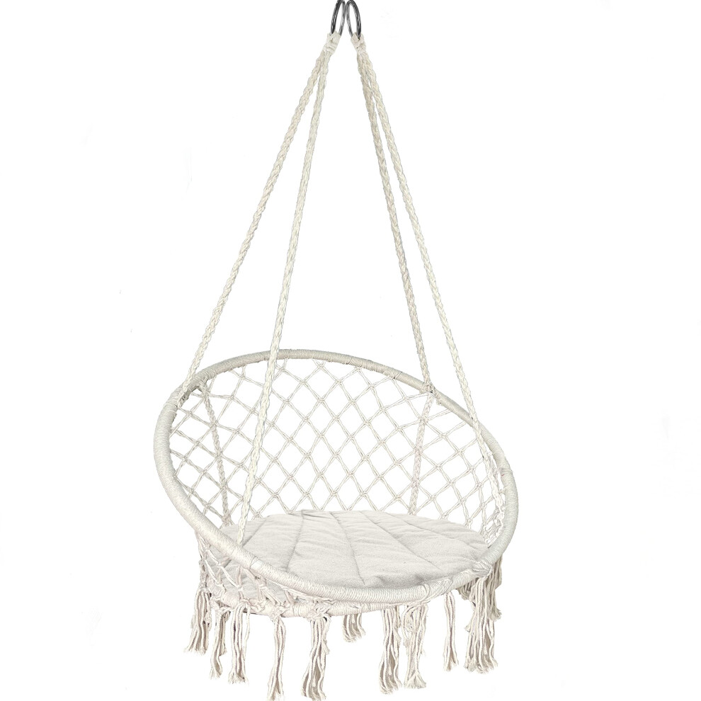 VOUNOT Swing Chair with Round Seat Cushion, Macrame Hammock Hanging Chair for Indoor, Outdoor, Beige