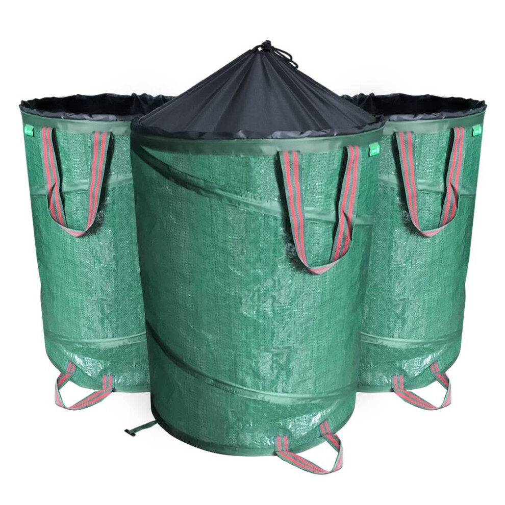 VOUNOT Set of 3 Heavy Duty Pop Up Garden Waste Bags, 170 Litre Garden Refuse Rubbish Bags with Handles, Reusable Garden Waste Sacks, Green