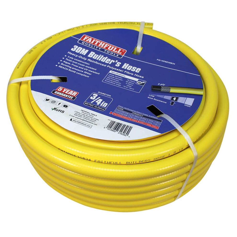 Faithfull FAIHOSE30B34 Heavy-Duty Reinforced PVC Builders Hose 30M 19 mm (3/4 Inch) Diameter