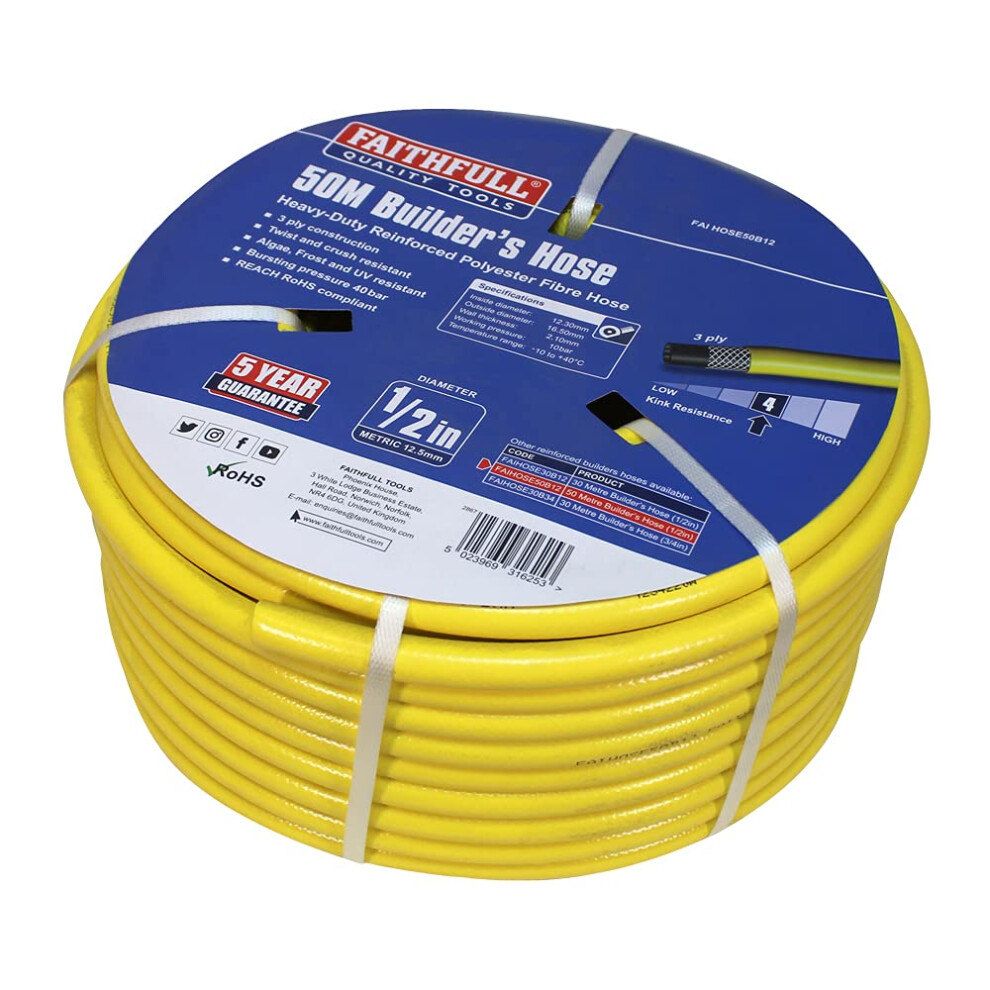 Faithfull FAIHOSE50B12 Heavy-Duty Reinforced PVC Builders Hose 50 M 12.7 mm (1/2 Inch) Diameter