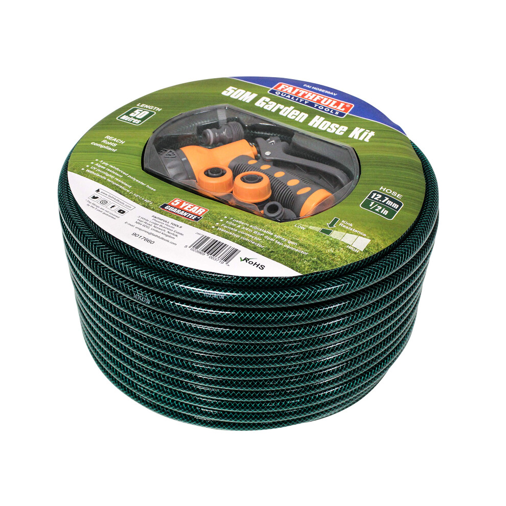 Faithfull Faihose50av Reinforced Hose Kit 50M (164Ft) With 3 Fittings And Multipattern Spray Gun