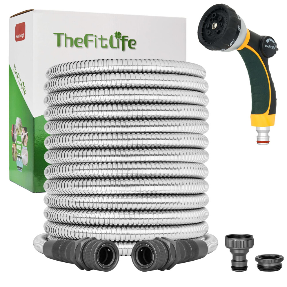 TheFitLife Metal Garden Hose Pipe - Flexible Stainless Steel Water Hose with Solid Fittings and Sprayer Nozzle - Leak Proof Kink Free, Anti-Rust,