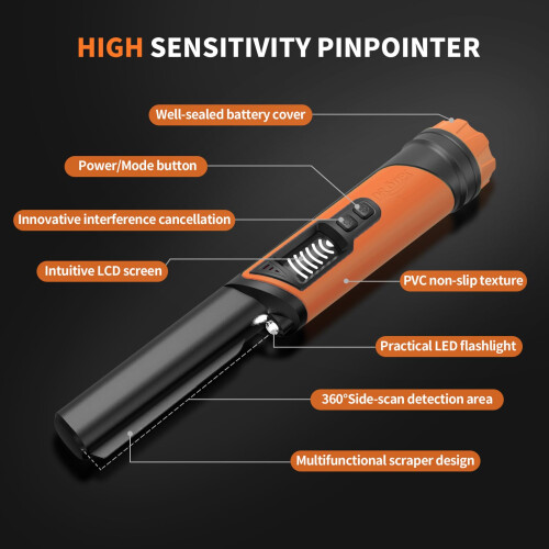DR.?TEK Metal Detector Pinpointer, IP68 Fully Waterproof Handheld Pin Pointer with LCD Screen, Innovative Interference Cancellation Function, Higher 1